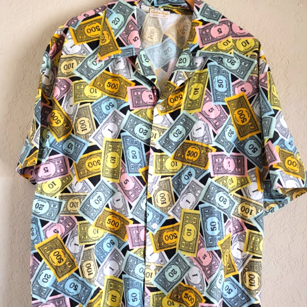 Mens Game Night Monopoly Money Button Up Shirt L